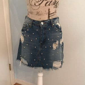 Beaded distressed jean skirt